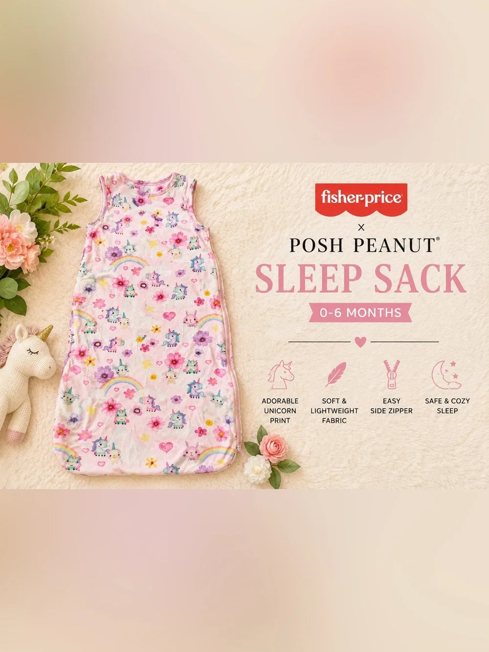 Fisher-Price Posh Peanut Unicorn Floral Sleep Sack 0–6 Months Baby Sleeping Bag